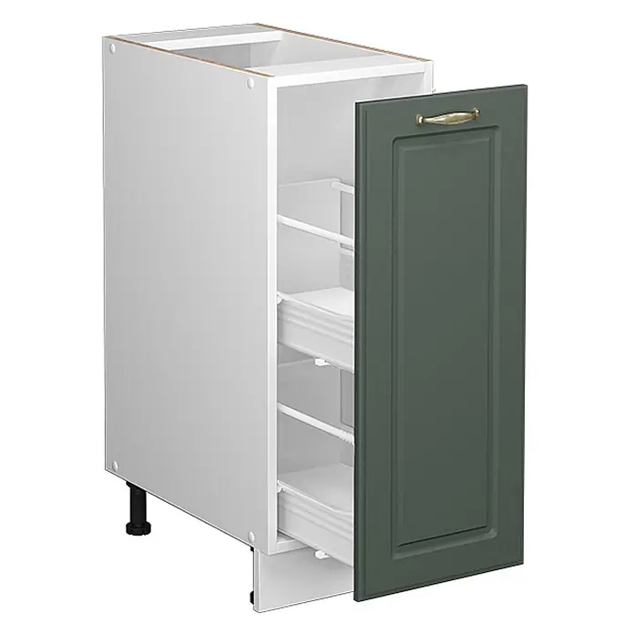 Vicco Schrankküche Fame-Line Grün-Gold Landhaus, AP Eiche - Grün-Gold Landhaus, Apothekerunterschrank 30 cm, AP Eiche - Weißer Unterschrank mit dunkelgrüner Tür, goldenem Griff und internen Auszugschubladen, mit verstellbaren Füßen.