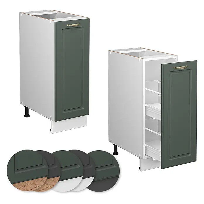 Vicco Schrankküche Fame-Line Grün-Gold Landhaus, AP Eiche - Grün-Gold Landhaus, Apothekerunterschrank 30 cm, AP Eiche - Zwei schmale Küchenunterschränke mit dunkelgrünen Türen, einer geschlossen, einer offen mit Auszügen. Farbmuster unten.