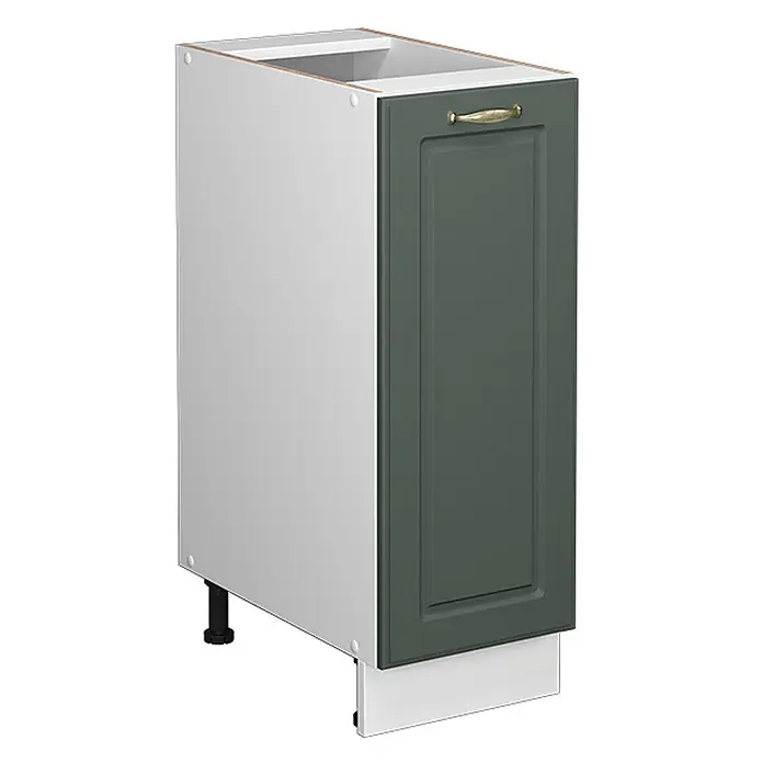 Vicco Schrankküche Fame-Line Grün-Gold Landhaus ohne Arbeitsplatte - Grün-Gold Landhaus, Apothekerunterschrank 30 cm - Weißer Küchenunterschrank mit dunkelgrüner Tür, Messinggriff, verstellbaren Füßen und weißer Sockelblende.