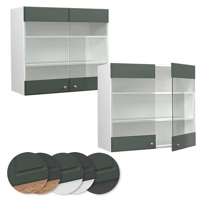 Vicco Schrankküche Fame-Line Grün-Gold Landhaus - Grün-Gold Landhaus, Hängeglasschrank 80 cm - Wandhängende Küchenschränke mit weißem Korpus, dunkelgrünen Paneelen, Glastüren und goldenen Griffen. Innenregale sichtbar.