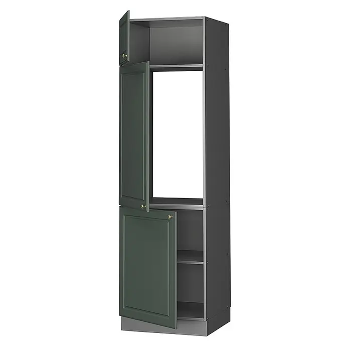 Vicco Schrankküche Fame-Line Grün-Gold Landhaus - Grün-Gold Landhaus, Kühlumbauschrank 60 cm - Hoher dunkelgrüner Küchenschrank mit offener Mittelpartie für Gerät, zwei Flügeltüren mit Goldgriffen und dunkelgrauem Interieur.