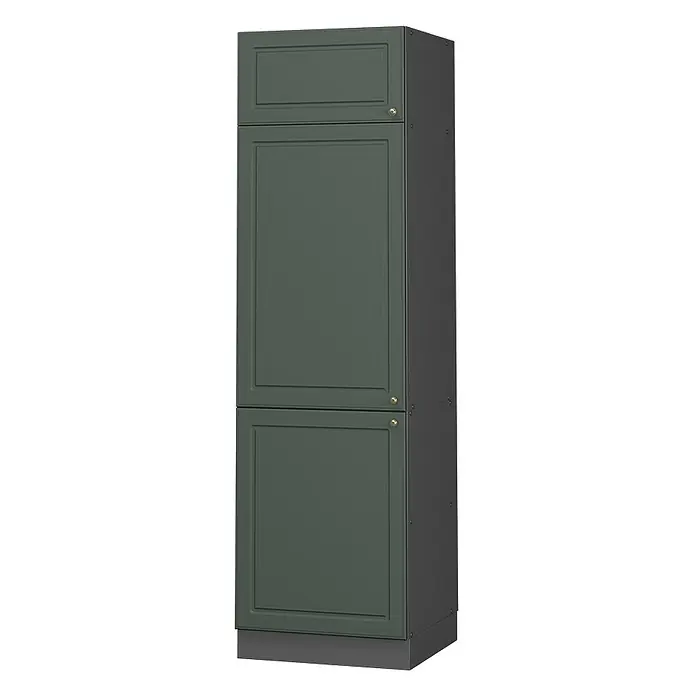 Vicco Schrankküche Fame-Line Grün-Gold Landhaus - Grün-Gold Landhaus, Kühlumbauschrank 60 cm - Hoher, dunkelgrüner Schrank mit drei Kassettenfronten und Messingknöpfen auf dunkelgrauem Sockel.