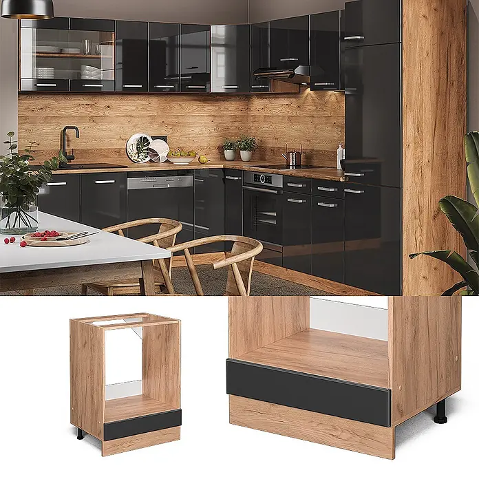 Vicco Schrankküche R-Line Anthrazit Hochglanz ohne Arbeitsplatte - Breite: 60 cm, Anthrazit Hochglanz, Herdumbauschrank 60 cm - Moderner Küchenunterschrank in Holzoptik mit dunkler Blende, für Backofen.
