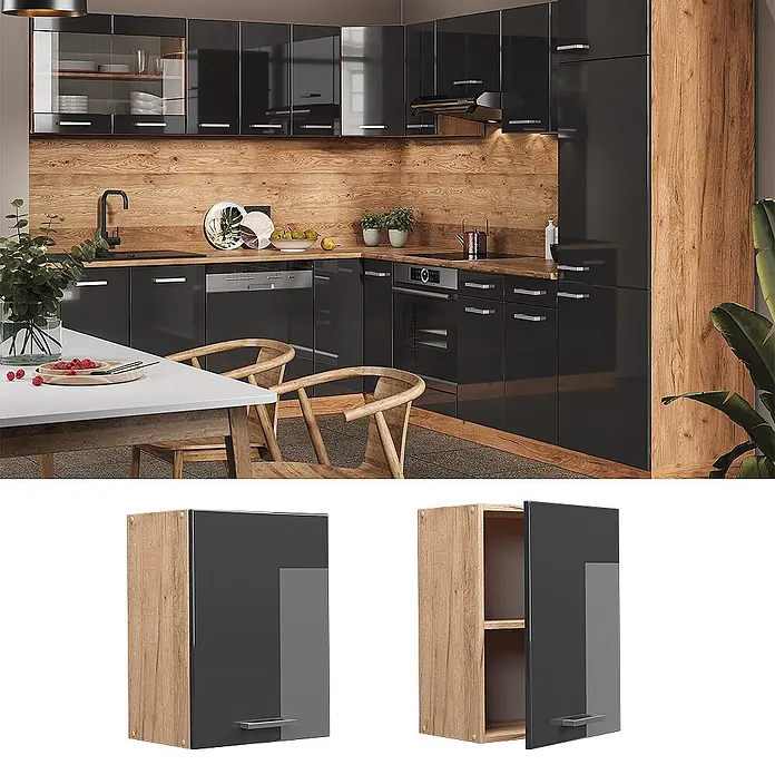 Vicco Schrankküche R-Line Anthrazit Hochglanz - Anthrazit Hochglanz, Hängeschrank 45 cm - Moderne Küchenmöbel mit hochglanzschwarzen Türen und Holzmaserungsplatten, inkl. Wand- und Unterschränken, sowie integrierten Geräten.