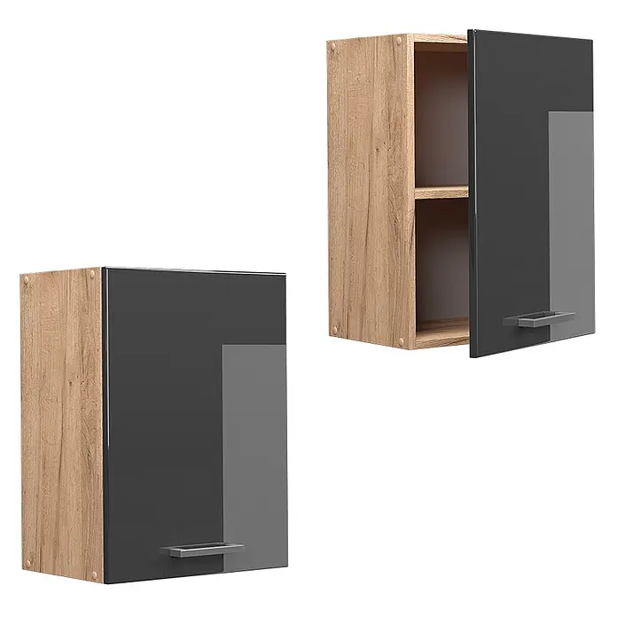 Vicco Schrankküche R-Line Anthrazit Hochglanz - Anthrazit Hochglanz, Hängeschrank 45 cm - Zwei moderne Hängeschränke mit Holzoptik-Seiten und glänzenden dunkelgrauen Türen, einer geöffnet mit Regalböden.