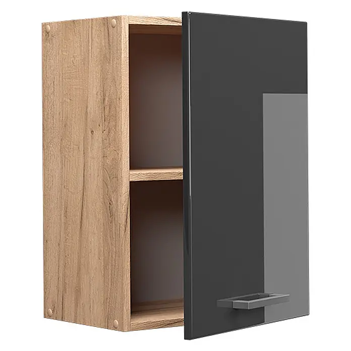 Vicco Schrankküche R-Line Anthrazit Hochglanz - Anthrazit Hochglanz, Hängeschrank 45 cm - Wandschrank: Korpus in heller Eichenoptik, dunkelgraue Glanztür mit Griff und Einlegeböden.