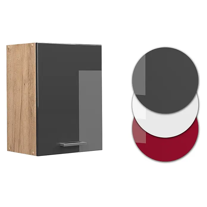 Vicco Schrankküche R-Line Anthrazit Hochglanz - Anthrazit Hochglanz, Hängeschrank 45 cm - Hängeschrank mit Holzoptik-Seitenwand und dunkelgrauer Front mit hellgrauem Akzent. Mit Metallgriff und Farbmustern: Dunkelgrau, Weiß, Burgunderrot.