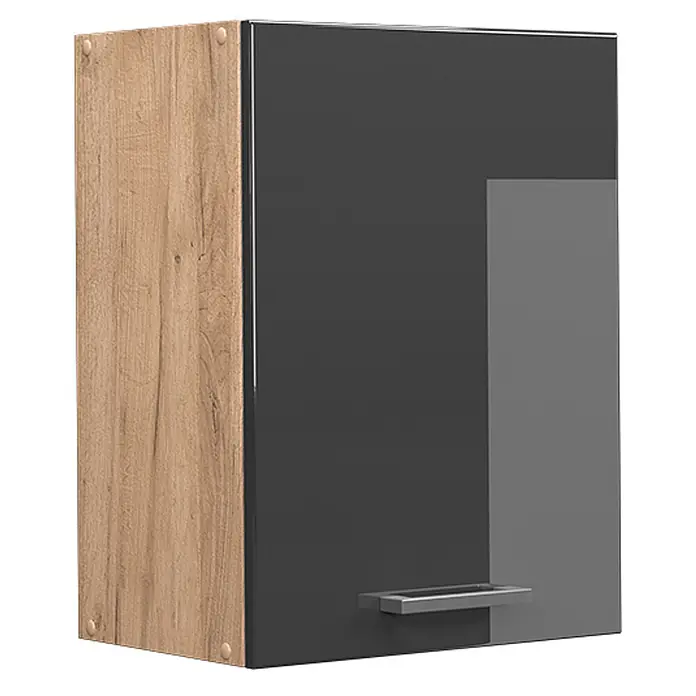 Vicco Schrankküche R-Line Anthrazit Hochglanz - Anthrazit Hochglanz, Hängeschrank 45 cm - Zweifarbiges Hängeschrank mit heller Holzoptik-Seiten und dunkelgrauer glänzender Frontplatte mit silbernem Griff.