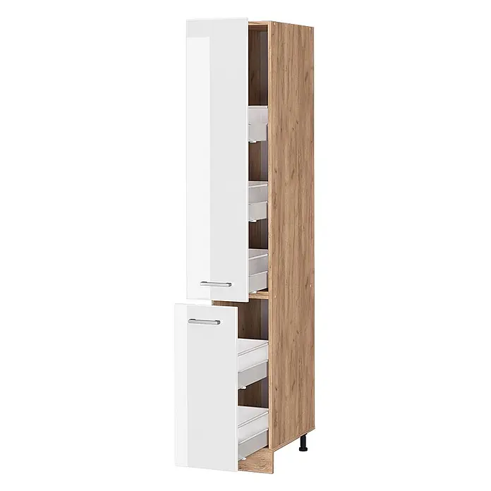 Vicco Schrankküche R-Line Weiß Hochglanz - Weiß Hochglanz, Apothekerhochschrank 30 cm - Hoher Schrank aus hellem Holz mit weißen Hochglanztüren, teilweise geöffnet, zeigt mehrere Auszugsschubladen.