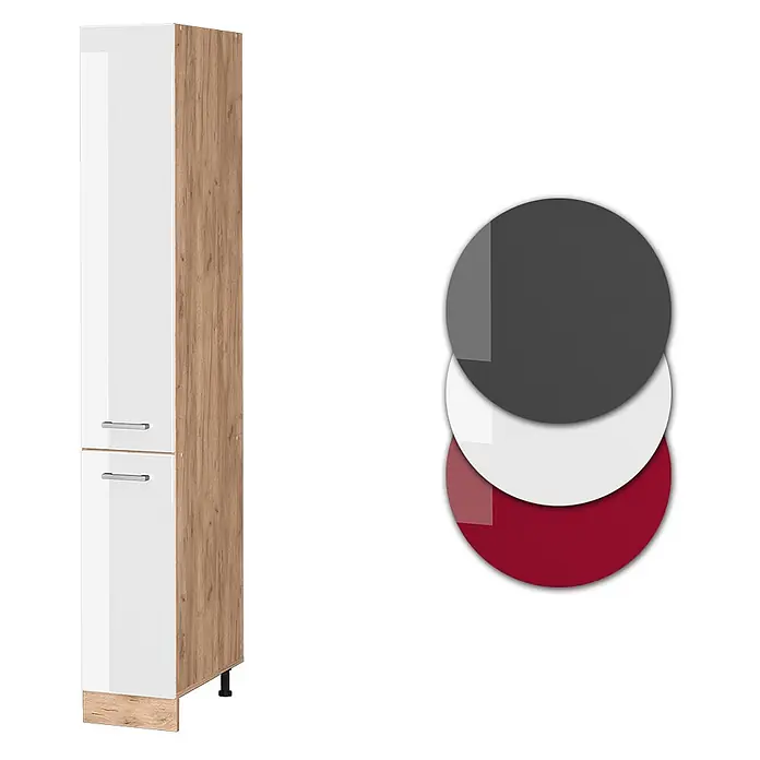 Vicco Schrankküche R-Line Weiß Hochglanz - Weiß Hochglanz, Apothekerhochschrank 30 cm - Hoher weißer Hochglanz-Aufbewahrungsschrank mit hellem Holzdekorrahmen.