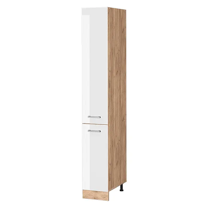 Vicco Schrankküche R-Line Weiß Hochglanz - Weiß Hochglanz, Apothekerhochschrank 30 cm - Schlanker Hochschrank mit glänzenden weißen Türen, silbernen Griffen und hellen Holzdekor-Seiten und Sockel.