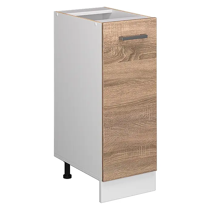 Vicco Schrankküche R-Line Sonoma ohne Arbeitsplatte - Sonoma, Apothekerunterschrank 30 cm - Schmaler Küchenunterschrank mit weißem Korpus, heller Holzmaserungstür und Metallgriff. Inklusive Sockelblende.