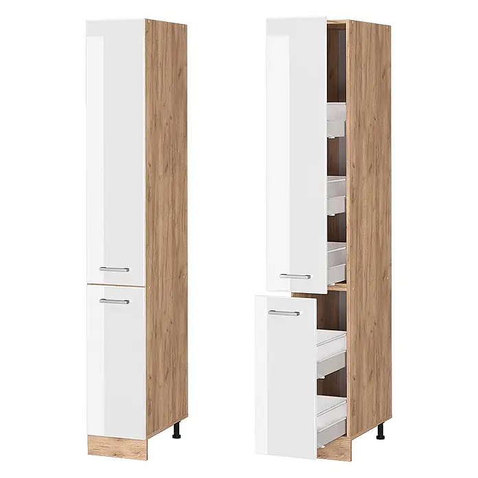 Vicco Schrankküche R-Line Weiß Hochglanz - Weiß Hochglanz, Apothekerhochschrank 30 cm - Hoher weißer Hochglanz-Vorratschrank mit Holzdekorrahmen, geschlossen und offen mit Auszugsfächern.
