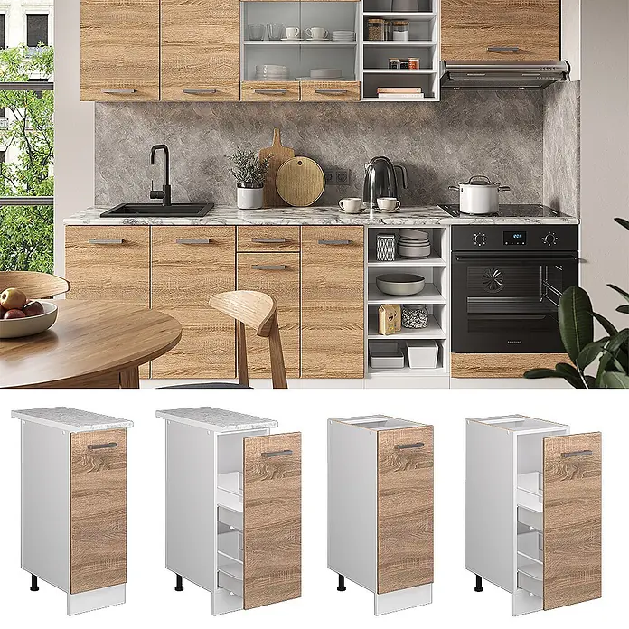 Vicco Schrankküche R-Line Sonoma, AP Eiche - Sonoma, Apothekerunterschrank 30 cm, AP Eiche - Helles Küchenunterschrank mit Holzoptik-Front, Auszug und weißem Innenraum, in moderner Küche und Detailansichten.