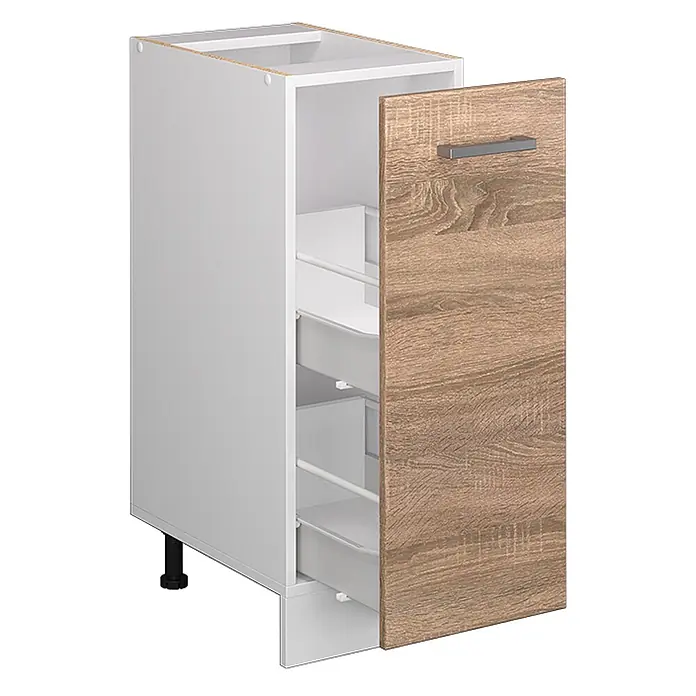 Vicco Schrankküche R-Line Sonoma, AP Eiche - Sonoma, Apothekerunterschrank 30 cm, AP Eiche - Weißer Küchenunterschrank mit drei Innenauszügen und Holzdekor-Front.