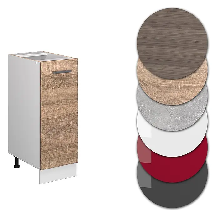 Vicco Schrankküche R-Line Sonoma ohne Arbeitsplatte - Sonoma, Apothekerunterschrank 30 cm - Küchenunterschrank mit heller Holzmaserungstür, weißem Korpus und verschiedenen Farb-/Materialmustern.