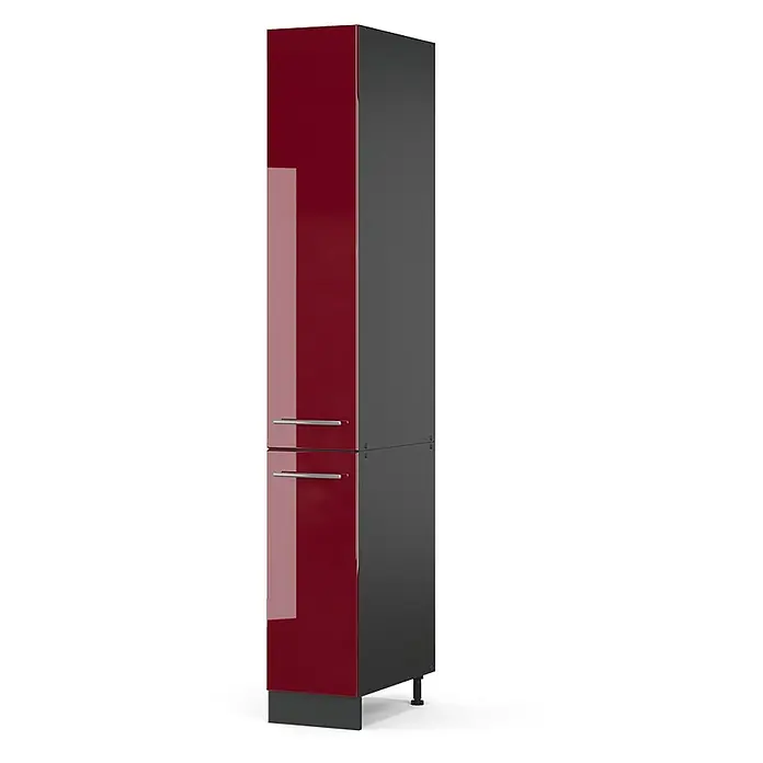 Vicco Schrankküche Fame-Line Bordeaux Hochglanz - Bordeaux Hochglanz, Apothekerhochschrank 30 cm - Hoher Schrank mit glänzend dunkelroten Türen, dunkelgrauem Korpus und zwei silbernen Griffen.