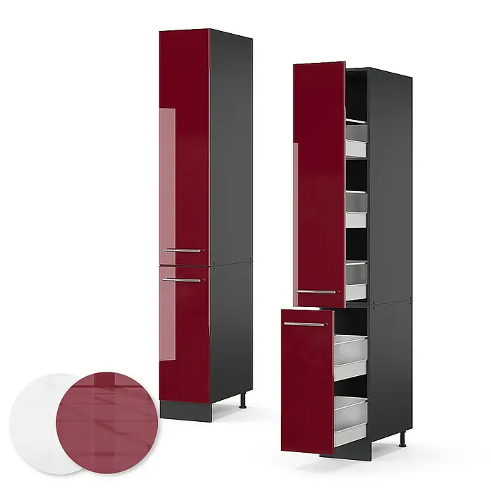 Vicco Schrankküche Fame-Line Bordeaux Hochglanz - Bordeaux Hochglanz, Apothekerhochschrank 30 cm - Hohe anthrazitfarbene Schränke mit glänzend roten Türen; einer offen mit Auszugsschränken, einer geschlossen. Farbmuster dabei.