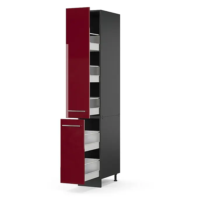 Vicco Schrankküche Fame-Line Bordeaux Hochglanz - Bordeaux Hochglanz, Apothekerhochschrank 30 cm - Hoher, dunkelgrauer Vorratsschrank mit zwei offenen, roten Hochglanztüren und weißen Auszugskörben.