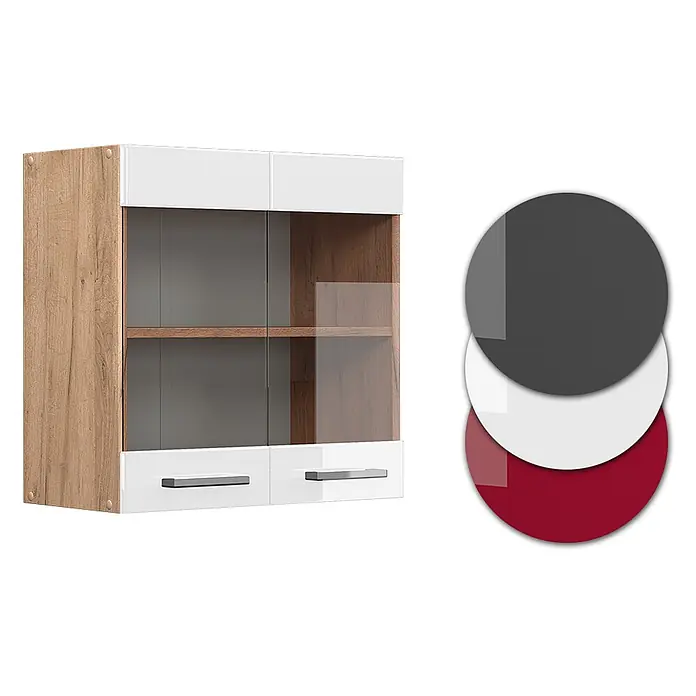 Vicco Schrankküche R-Line Weiß Hochglanz - Weiß Hochglanz, Hängeglasschrank 60 cm - Hängeschrank mit Holzdekor-Seiten, weiß glänzenden Türen und Glasfronten. Mit Einlegeboden und Farboptionen in Anthrazit, Weiß, Bordeaux.