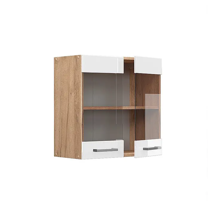 Vicco Schrankküche R-Line Weiß Hochglanz - Weiß Hochglanz, Hängeglasschrank 60 cm - Moderner Hängeschrank mit Holzoptikrahmen, weißen Blenden, Glastüren und silbernen Griffen.