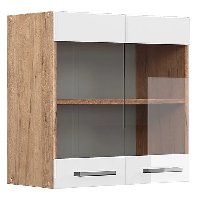 Vicco Schrankküche R-Line Weiß Hochglanz - Weiß Hochglanz, Hängeglasschrank 60 cm - Zweifarbiger Wandschrank: Eicheneffekt-Seite, weiße Paneele, Glastüren, 2 Schubladen mit Griffen.