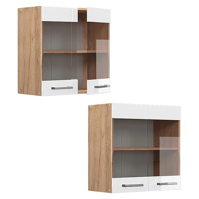 Vicco Schrankküche R-Line Weiß Hochglanz - Weiß Hochglanz, Hängeglasschrank 60 cm - Hängeschrank mit Holzfurnier, weißen Hochglanzfronten, Glastüren und Metallgriffen.
