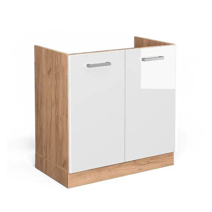 Vicco Schrankküche R-Line Weiß Hochglanz ohne Arbeitsplatte - Weiß Hochglanz, Spülenunterschrank 80 cm - Zweitüriger Unterschrank mit heller Holzoptik und Sockel, weißen Hochglanztüren und silbernen Griffen.