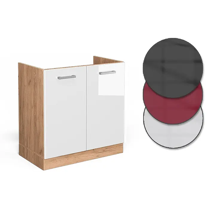 Vicco Schrankküche R-Line Weiß Hochglanz AP Marmor - Weiß Hochglanz, Spülenunterschrank 80 cm, AP Marmor - Zweitüriger Küchenunterschrank mit weißen Hochglanztüren, Holzdekor-Korpus und silbernen Griffen, in verschiedenen Farben erhältlich.