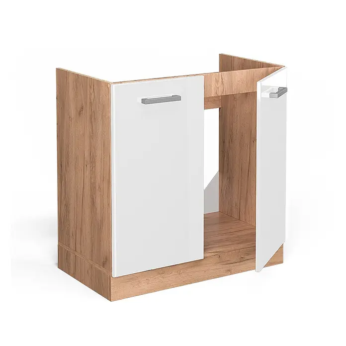 Vicco Schrankküche R-Line Weiß Hochglanz, AP Anthrazit - Weiß Hochglanz, Spülenunterschrank 80 cm, AP Anthrazit - Küchenunterschrank in heller Holzoptik mit zwei weißen Türen, eine offen, für Stauraum oder Spüle.