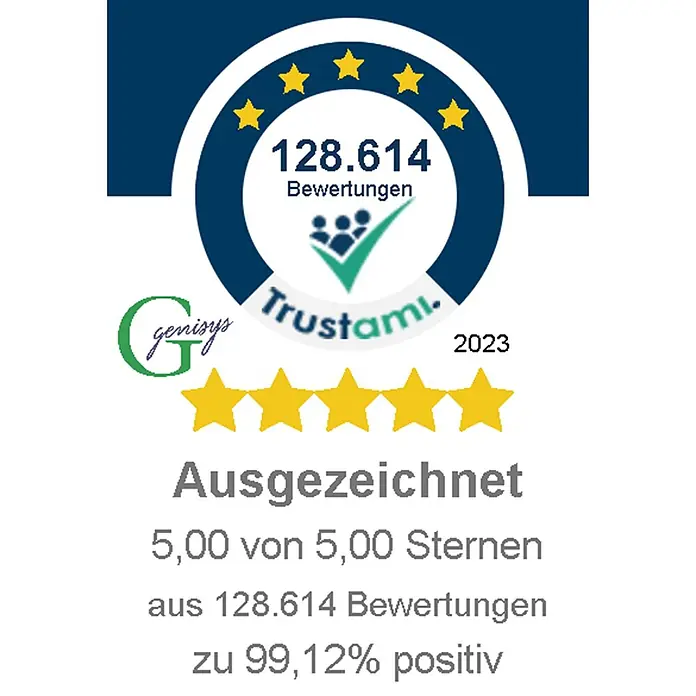 Genisys Installations-Set für Mähroboter - Universell, 460 Stk. - Bewertungssiegel mit 5 von 5 Sternen aus 128.614 Bewertungen, 99,12% positiv. Zeigt Trustami und Genisys Logos, 2023.