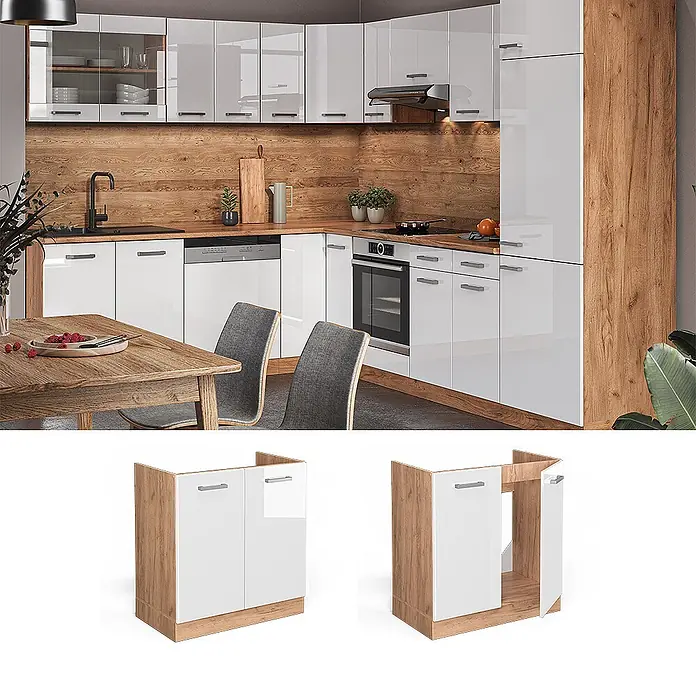 Vicco Schrankküche R-Line Weiß Hochglanz, AP Anthrazit - Weiß Hochglanz, Spülenunterschrank 80 cm, AP Anthrazit - Moderne Küche mit weißen Hochglanz- und Holzdekor-Elementen, inkl. Spülenschrank. Weiße Türen, Holzoptik-Seiten.