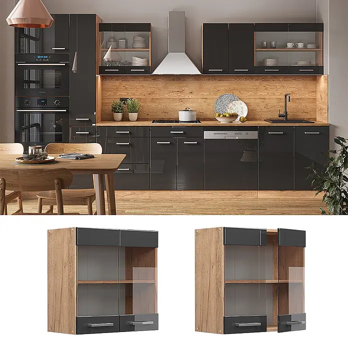Vicco Schrankküche R-Line Anthrazit Hochglanz - Anthrazit Hochglanz, Hängeglasschrank 60 cm - Moderner Küchenhängeschrank aus hellem Holz und dunkelgrauem Hochglanz mit Glastüren und Regalen.