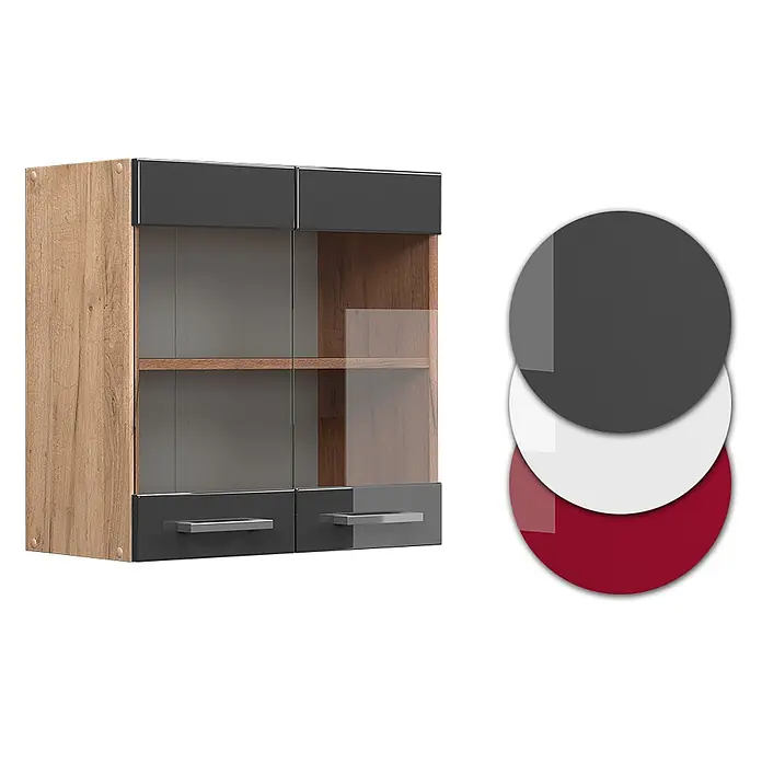Vicco Schrankküche R-Line Anthrazit Hochglanz - Anthrazit Hochglanz, Hängeglasschrank 60 cm - Wandvitrine aus heller Eiche mit dunkelgrauen Hochglanzfronten, Glastüren und Holzregalen. In verschiedenen Farben erhältlich.