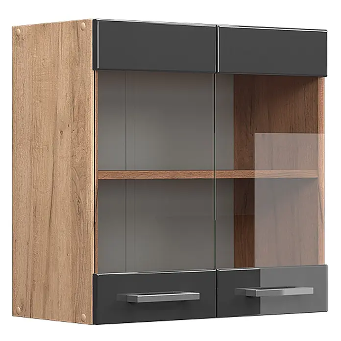 Vicco Schrankküche R-Line Anthrazit Hochglanz - Anthrazit Hochglanz, Hängeglasschrank 60 cm - Zweifarbiger Wandschrank mit Holzseiten, dunkelgrauen Fronten, Glasbereichen und Metallgriffen.