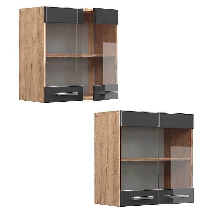Vicco Schrankküche R-Line Anthrazit Hochglanz - Anthrazit Hochglanz, Hängeglasschrank 60 cm - Hängeschrank in Holzoptik mit dunkelgrauen Blenden, Glastüren und silbernen Griffen, offen und geschlossen gezeigt.