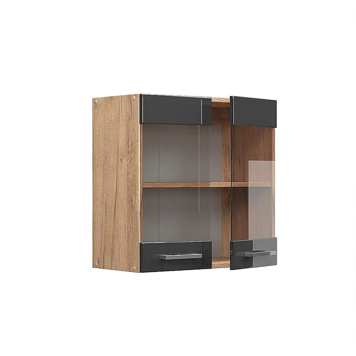Vicco Schrankküche R-Line Anthrazit Hochglanz - Anthrazit Hochglanz, Hängeglasschrank 60 cm - Wandhängender Schrank in Holzoptik mit zwei Glastüren, dunkelgrauen Paneelen und silbernen Griffen, inklusive Einlegeboden.