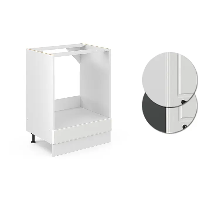Vicco Schrankküche R-Line Weiß Landhaus, AP Marmor - Weiß Landhaus, Herdumbauschrank 60 cm, AP Marmor - Weißer Küchenunterschrank-Korpus mit hell strukturierter Blende und Detailansicht einer weißen Schranktür.
