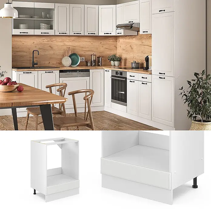 Vicco Schrankküche R-Line Weiß Landhaus, AP Marmor - Weiß Landhaus, Herdumbauschrank 60 cm, AP Marmor - Weißer Küchenunterschrank für Backofen mit Sockelleiste und verstellbaren Füßen.