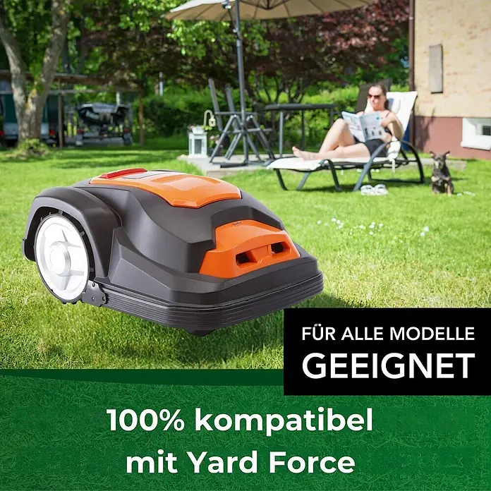 Genisys Ersatzmesser-Set für Mähroboter - Passend für: für Yardforce, 30 Stk. - Orange-schwarzer Mähroboter auf einem grünen Rasen.