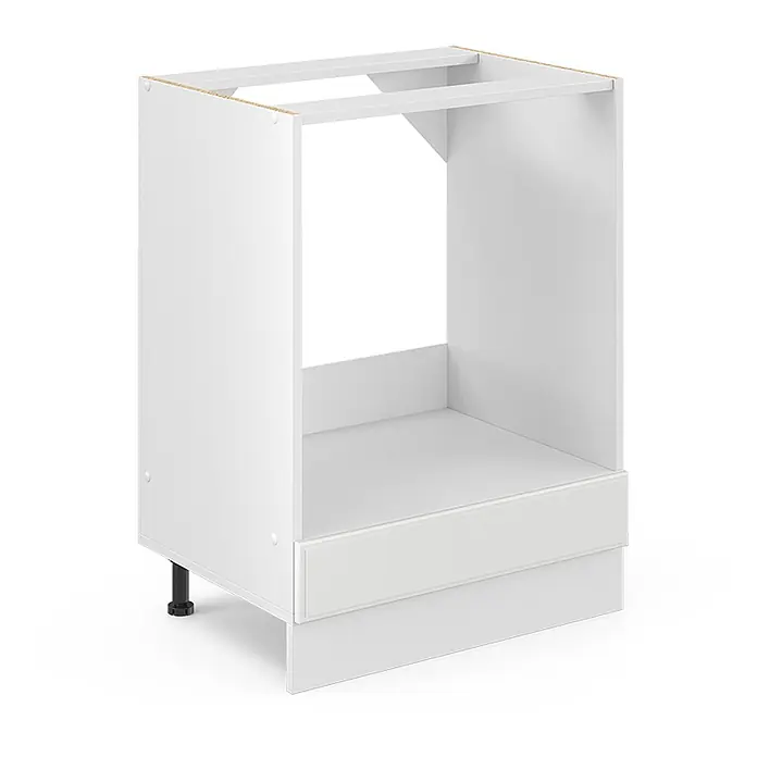 Vicco Schrankküche R-Line Weiß Landhaus ohne Arbeitsplatte - Weiß Landhaus, Herdumbauschrank 60 cm - Weißer Küchenunterschrankrahmen mit offener Front, heller Texturblende und verstellbarem Fuß.