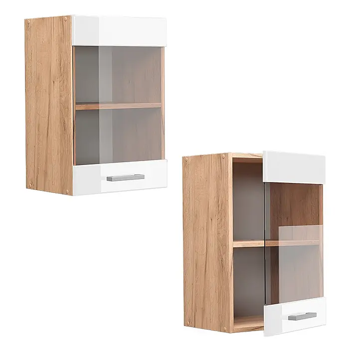 Vicco Schrankküche R-Line Weiß Hochglanz - Weiß Hochglanz, Hängeglasschrank 40 cm - Hängeschrank mit heller Holzmaserung, weißen Paneelen, Glastür und silbernem Griff. Geschlossen und offen mit Innenablage gezeigt.