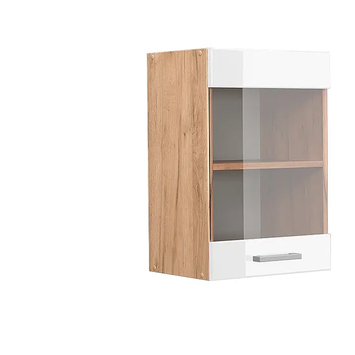 Vicco Schrankküche R-Line Weiß Hochglanz - Weiß Hochglanz, Hängeglasschrank 40 cm - Hängeschrank mit Eichenholz-Seiten, weißen Ober-/Unterteilen, Glastür und silbernem Griff.