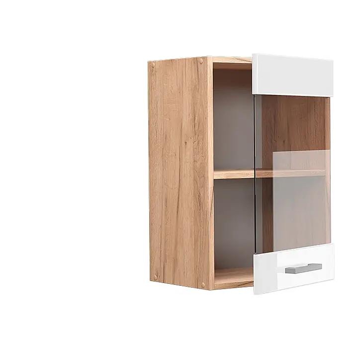 Vicco Schrankküche R-Line Weiß Hochglanz - Weiß Hochglanz, Hängeglasschrank 40 cm - Hängeschrank aus hellem Holz mit weißer Glastür und zwei internen Regalböden.