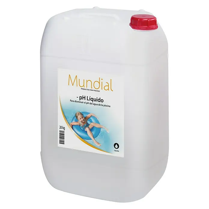 Mundial ph negativo - 20 l - Garrafa blanca de 20 kg de reductor de pH líquido Mundial para piscinas, con tapón rojo y etiqueta con un niño en flotador.