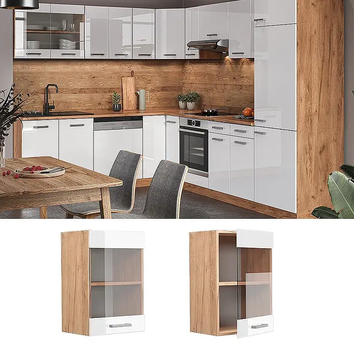 Vicco Schrankküche R-Line Weiß Hochglanz - Weiß Hochglanz, Hängeglasschrank 40 cm - Moderne Küche mit hochglänzenden weißen Schränken und hellen Holzakzenten, inklusive Einbaugeräten und Esstisch.