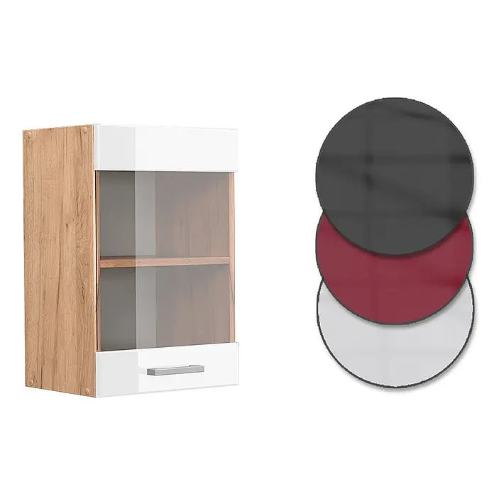 Vicco Schrankküche R-Line Weiß Hochglanz - Weiß Hochglanz, Hängeglasschrank 40 cm - Kleiner Wandschrank in Eichenoptik mit weißer Ober-/Unterseite, Glastür und silbernem Griff.