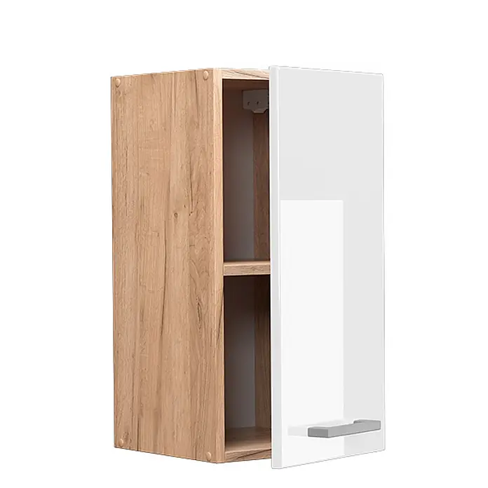 Vicco Schrankküche R-Line Weiß Hochglanz - Weiß Hochglanz, Hängeschrank 30 cm - Hellbrauner Wandschrank in Holzoptik mit weißglänzender Tür, leicht geöffnet, zeigt Innenregal und grauen Griff.