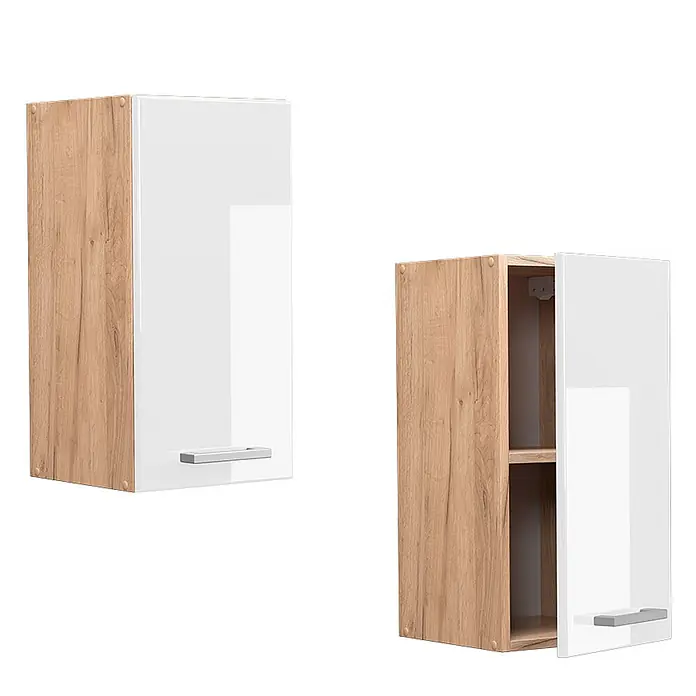 Vicco Schrankküche R-Line Weiß Hochglanz - Weiß Hochglanz, Hängeschrank 30 cm - Zwei moderne Küchenhängeschränke mit heller Holzoptik und glänzend weißen Türen; einer geschlossen, der andere offen mit einem Regal.