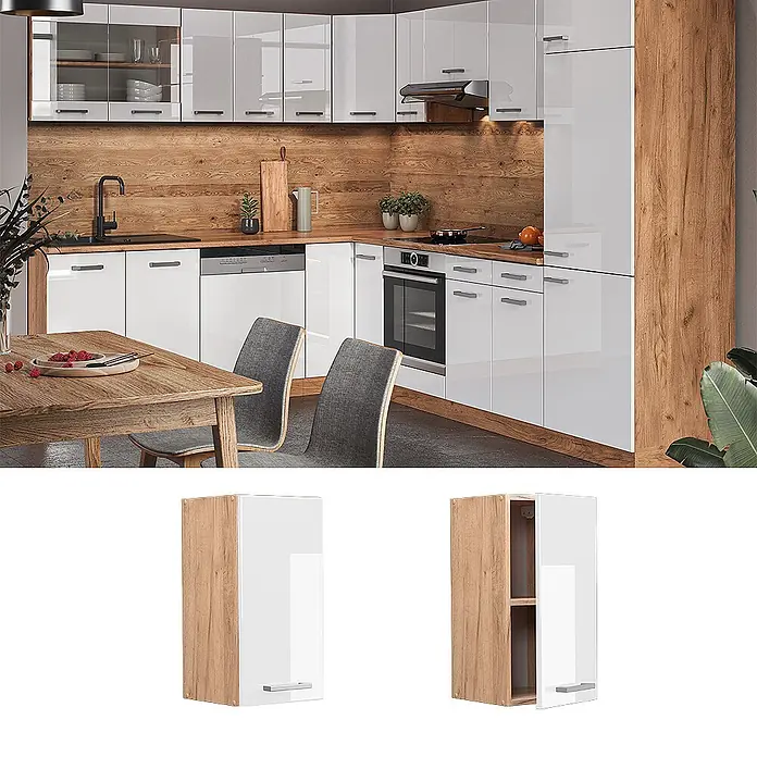 Vicco Schrankküche R-Line Weiß Hochglanz - Weiß Hochglanz, Hängeschrank 30 cm - Moderne Küche mit weißen Hochglanzfronten und Holz-Effekt-Elementen. Zeigt Wandschränke, Unterschränke und integrierte Geräte, inkl. offenem Regal.
